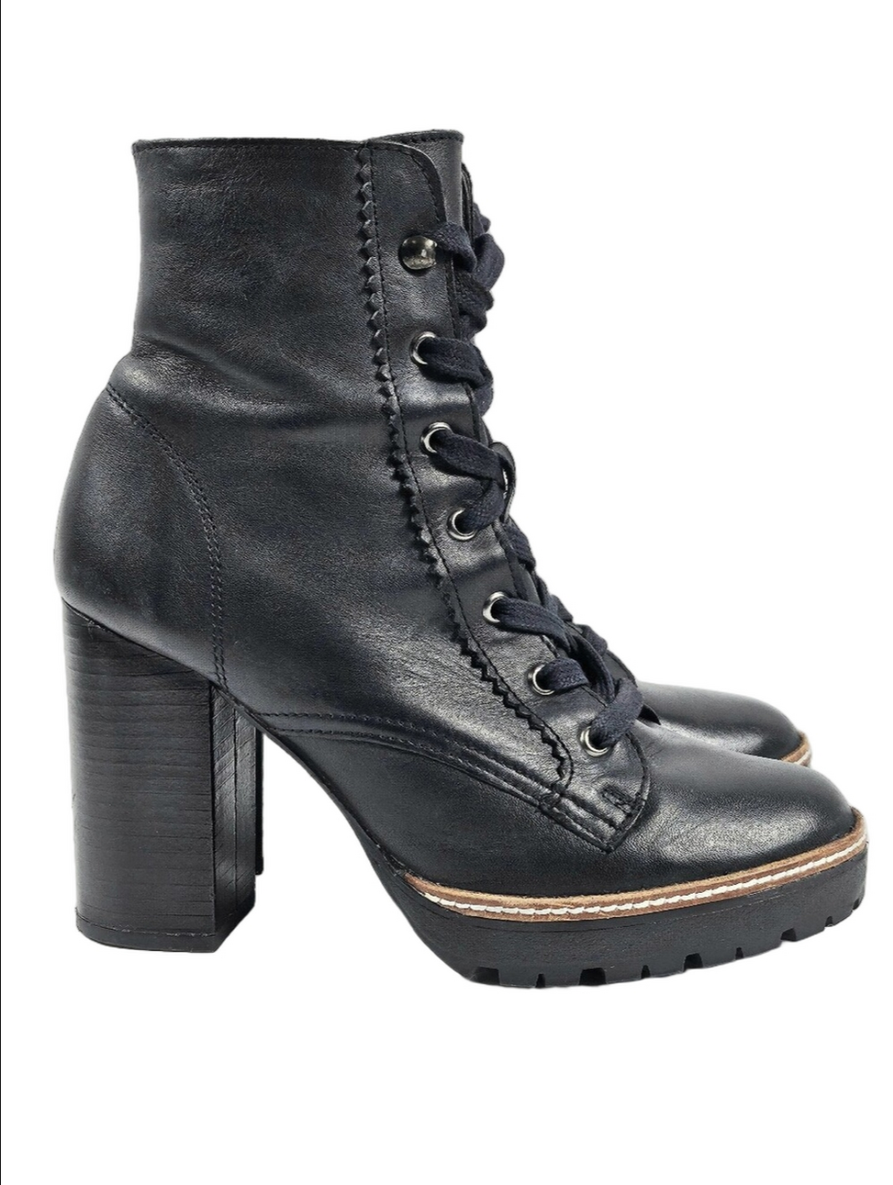 Chelsea & Violet Lexie Black Leather Lace-Up Block Heel Lug Sole Ankle Boot - Picture 2 of 16